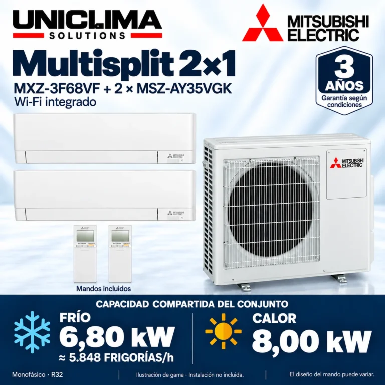Multisplit 2×1 Mitsubishi Electric MXZ-3F68VF + 2 × MSZ-AY35VGK; conjunto e información técnica, ilustración de gama — Uniclima