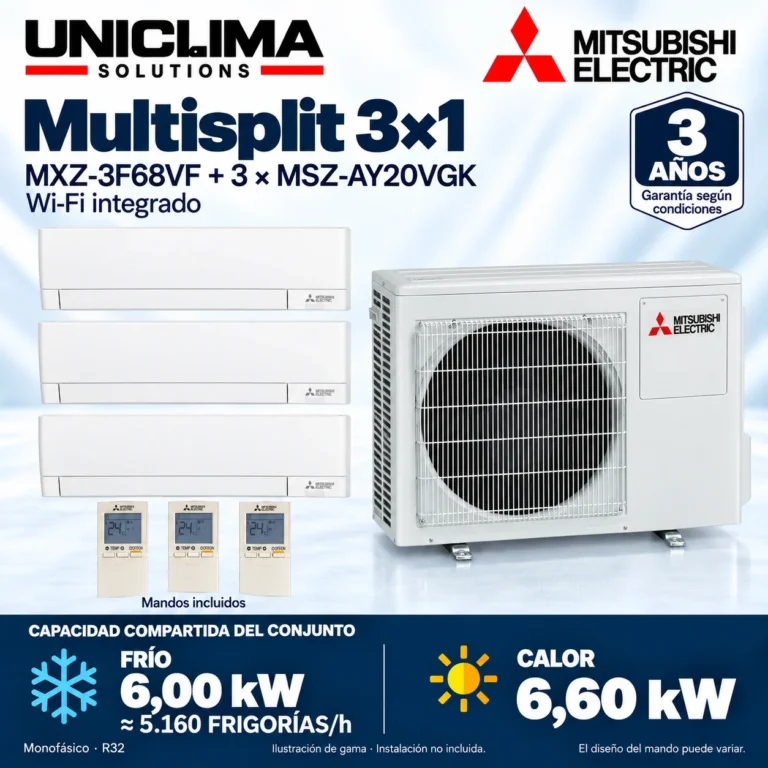 Multisplit 3×1 Mitsubishi Electric MXZ-3F68VF + 3 × MSZ-AY20VGK; conjunto e información técnica, ilustración de gama — Uniclima