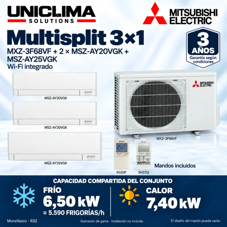 Multisplit 3×1 Mitsubishi Electric MXZ-3F68VF + 2 × MSZ-AY20VGK + MSZ-AY25VGK; conjunto e información técnica, ilustración de gama — Uniclima