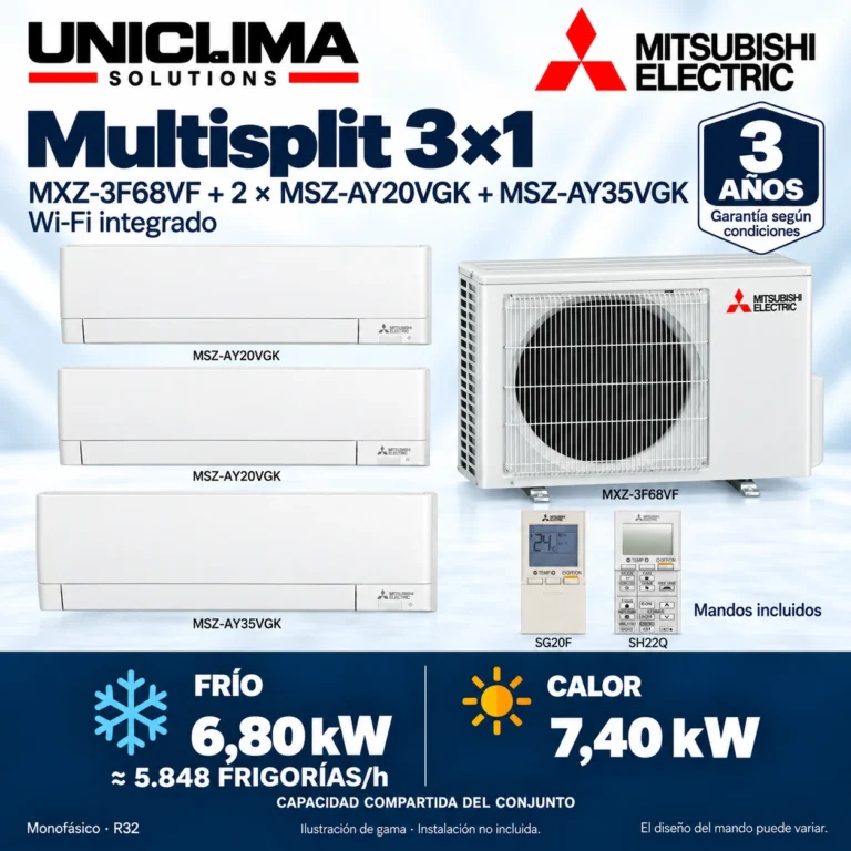 Multisplit 3×1 Mitsubishi Electric MXZ-3F68VF + 2 × MSZ-AY20VGK + MSZ-AY35VGK; conjunto e información técnica, ilustración de gama — Uniclima