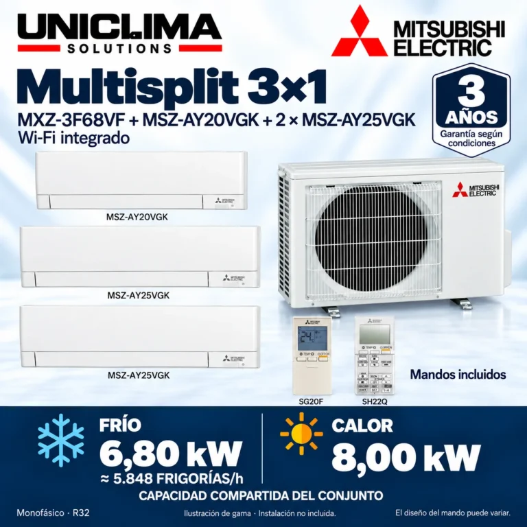 Multisplit 3×1 Mitsubishi Electric MXZ-3F68VF + MSZ-AY20VGK + 2 × MSZ-AY25VGK; conjunto e información técnica, ilustración de gama — Uniclima