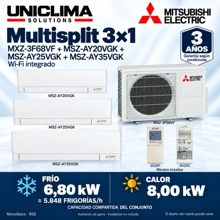 Multisplit 3×1 Mitsubishi Electric MXZ-3F68VF + MSZ-AY20VGK + MSZ-AY25VGK + MSZ-AY35VGK; conjunto e información técnica, ilustración de gama — Uniclima