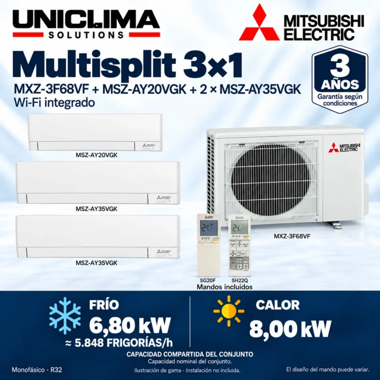 Multisplit 3×1 Mitsubishi Electric MXZ-3F68VF + MSZ-AY20VGK + 2 × MSZ-AY35VGK; conjunto e información técnica, ilustración de gama — Uniclima