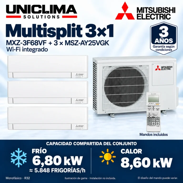 Multisplit 3×1 Mitsubishi Electric MXZ-3F68VF + 3 × MSZ-AY25VGK; conjunto e información técnica, ilustración de gama — Uniclima