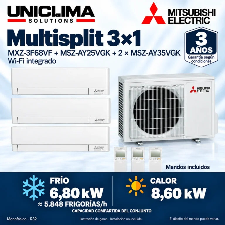 Multisplit 3×1 Mitsubishi Electric MXZ-3F68VF + MSZ-AY25VGK + 2 × MSZ-AY35VGK; conjunto e información técnica, ilustración de gama — Uniclima