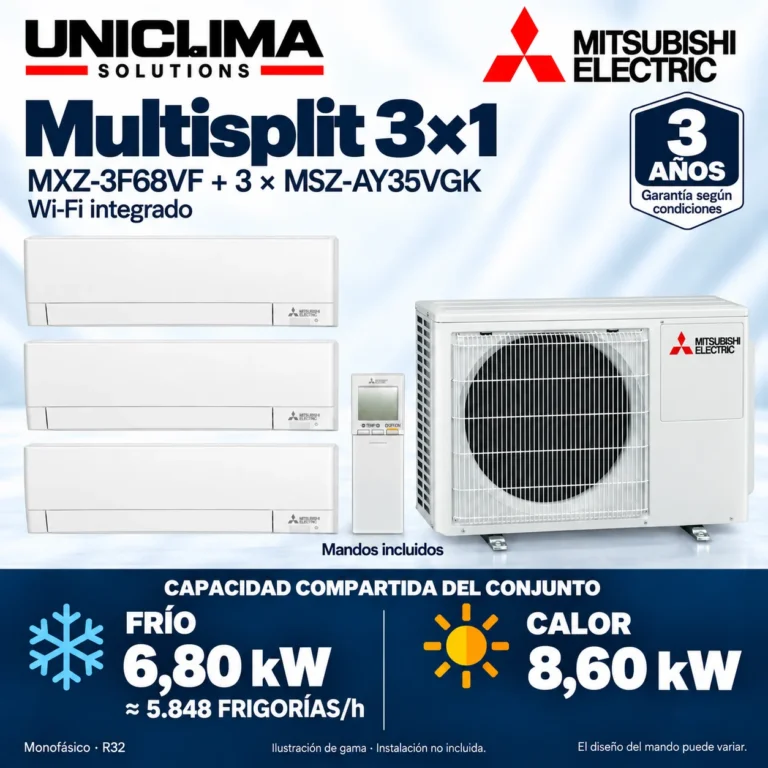 Multisplit 3×1 Mitsubishi Electric MXZ-3F68VF + 3 × MSZ-AY35VGK; conjunto e información técnica, ilustración de gama — Uniclima