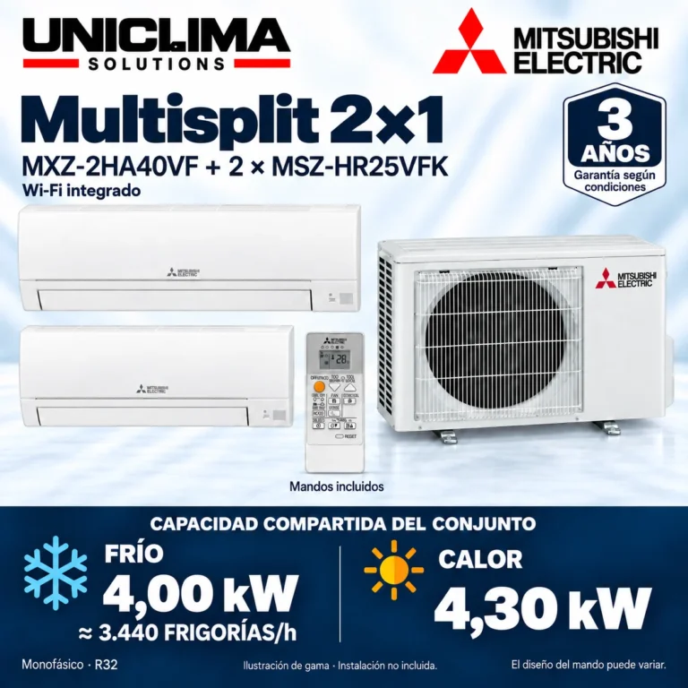 Multisplit 2×1 Mitsubishi Electric MXZ-2HA40VF + 2 × MSZ-HR25VFK; conjunto e información técnica, ilustración de gama — Uniclima