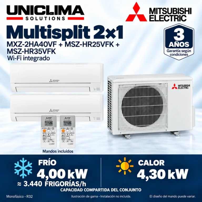 Multisplit 2×1 Mitsubishi Electric MXZ-2HA40VF + MSZ-HR25VFK + MSZ-HR35VFK; conjunto e información técnica, ilustración de gama — Uniclima