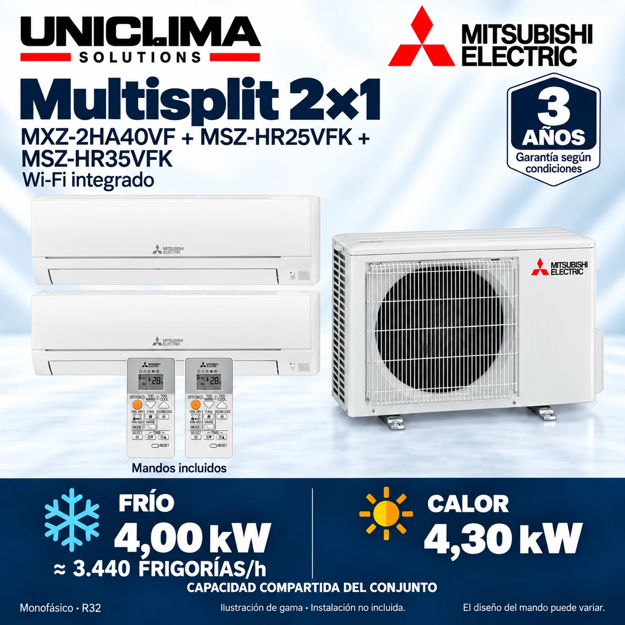 Multisplit 2×1 Mitsubishi Electric MXZ-2HA40VF + MSZ-HR25VFK + MSZ-HR35VFK; set and technical information, range illustration — Uniclima