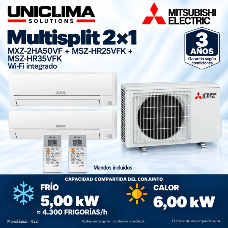 Multisplit 2×1 Mitsubishi Electric MXZ-2HA50VF + MSZ-HR25VFK + MSZ-HR35VFK; conjunto e información técnica, ilustración de gama — Uniclima