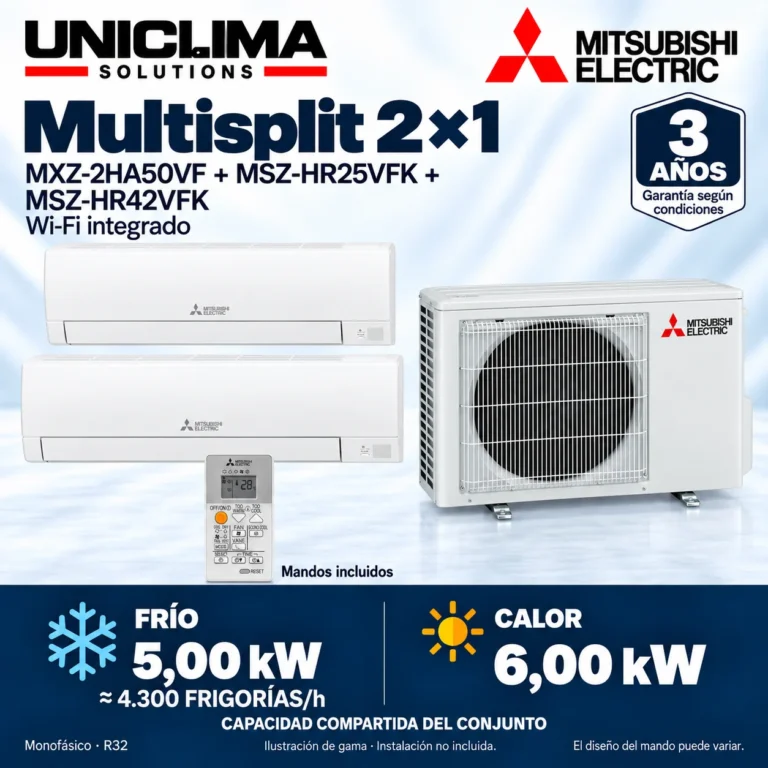 Multisplit 2×1 Mitsubishi Electric MXZ-2HA50VF + MSZ-HR25VFK + MSZ-HR42VFK; conjunto e información técnica, ilustración de gama — Uniclima