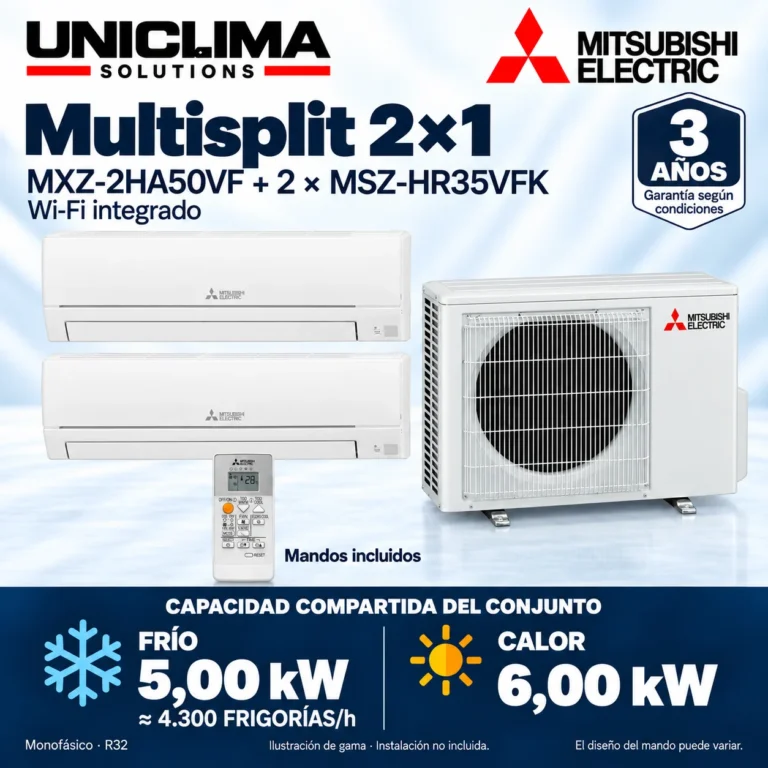 Multisplit 2×1 Mitsubishi Electric MXZ-2HA50VF + 2 × MSZ-HR35VFK; conjunto e información técnica, ilustración de gama — Uniclima