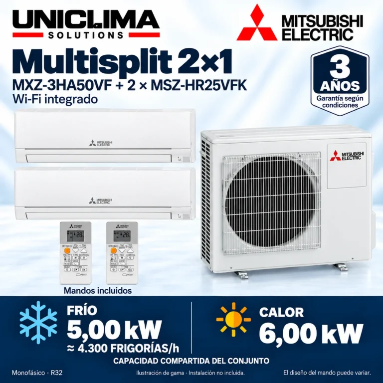 Multisplit 2×1 Mitsubishi Electric MXZ-3HA50VF + 2 × MSZ-HR25VFK; conjunto e información técnica, ilustración de gama — Uniclima
