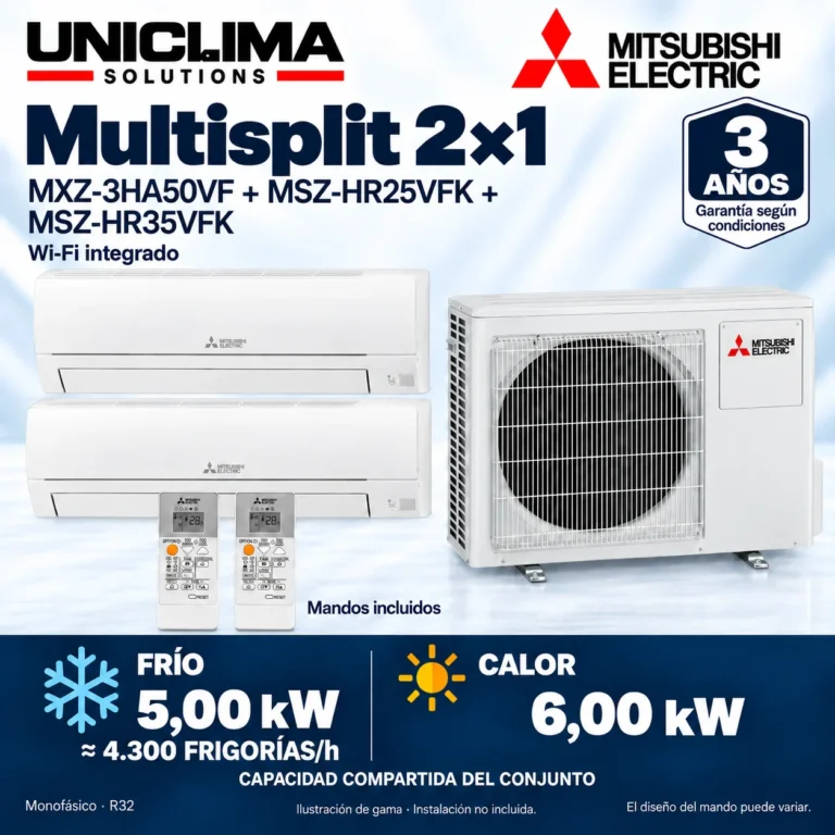 Multisplit 2×1 Mitsubishi Electric MXZ-3HA50VF + MSZ-HR25VFK + MSZ-HR35VFK; conjunto e información técnica, ilustración de gama — Uniclima