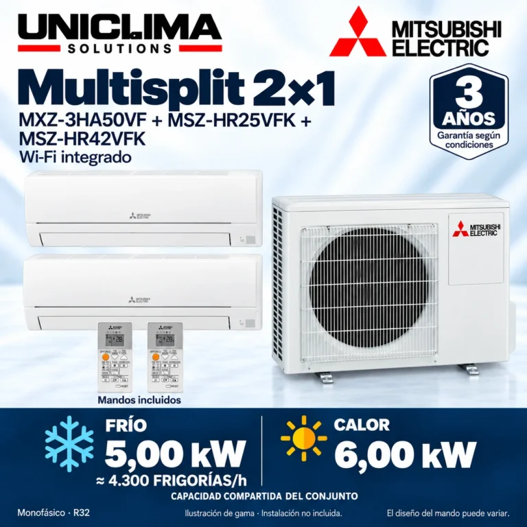 Multisplit 2×1 Mitsubishi Electric MXZ-3HA50VF + MSZ-HR25VFK + MSZ-HR42VFK; conjunto e información técnica, ilustración de gama — Uniclima