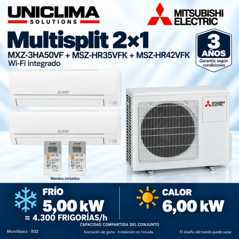 Multisplit 2×1 Mitsubishi Electric MXZ-3HA50VF + MSZ-HR35VFK + MSZ-HR42VFK; conjunto e información técnica, ilustración de gama — Uniclima