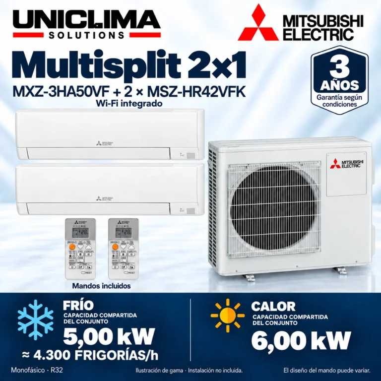 Multisplit 2×1 Mitsubishi Electric MXZ-3HA50VF + 2 × MSZ-HR42VFK; conjunto e información técnica, ilustración de gama — Uniclima