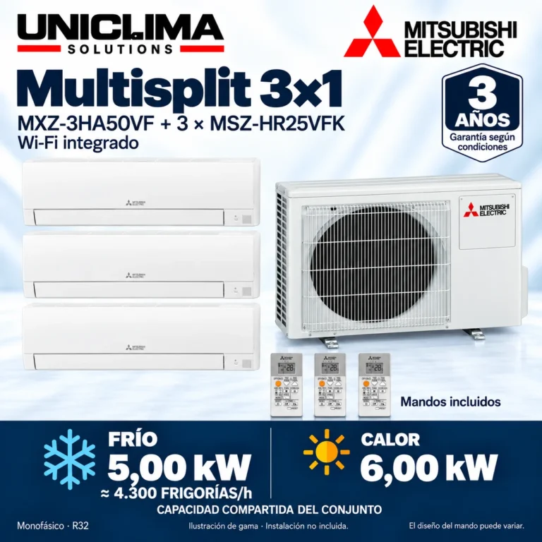 Multisplit 3×1 Mitsubishi Electric MXZ-3HA50VF + 3 × MSZ-HR25VFK; conjunto e información técnica, ilustración de gama — Uniclima