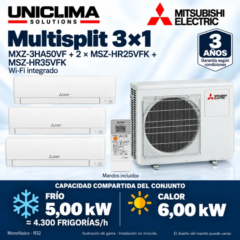 Multisplit 3×1 Mitsubishi Electric MXZ-3HA50VF + 2 × MSZ-HR25VFK + MSZ-HR35VFK; conjunto e información técnica, ilustración de gama — Uniclima