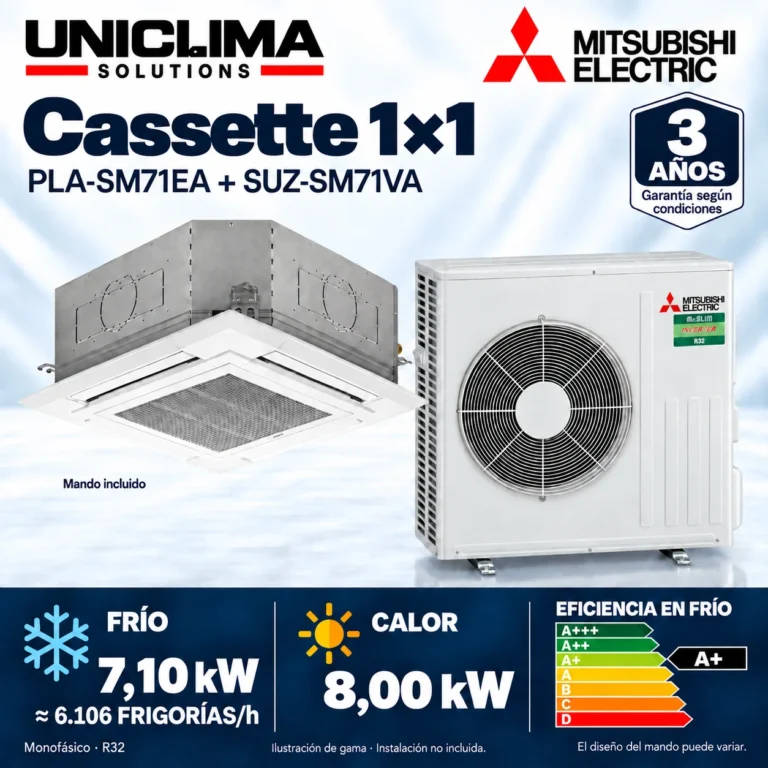 Cassette 1×1 Mitsubishi Electric PLA-SM71EA + SUZ-SM71VA; conjunto e información técnica, ilustración de gama — Uniclima