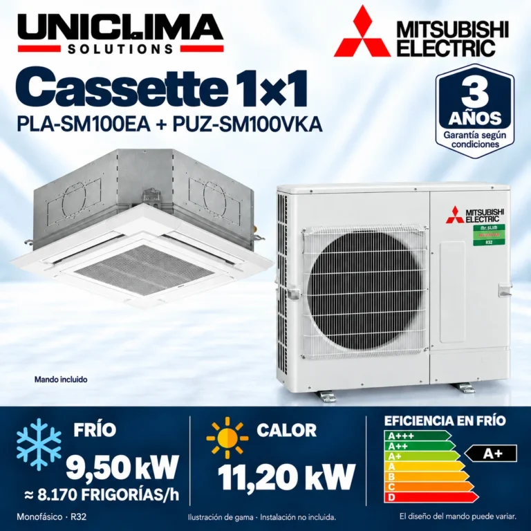 Cassette 1×1 Mitsubishi Electric PLA-SM100EA + PUZ-SM100VKA; conjunto e información técnica, ilustración de gama — Uniclima