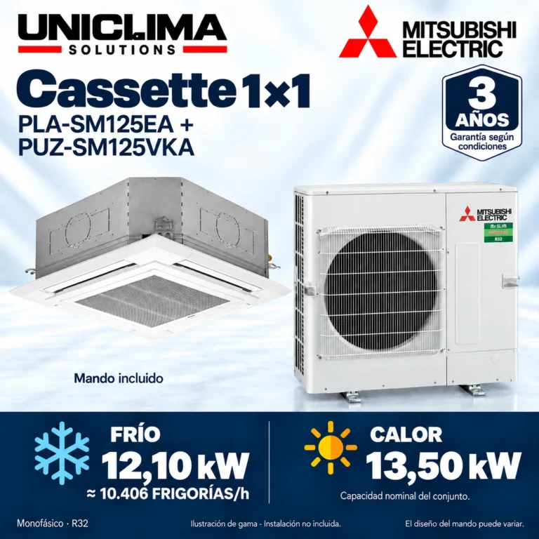 Cassette 1×1 Mitsubishi Electric PLA-SM125EA + PUZ-SM125VKA; conjunto e información técnica, ilustración de gama — Uniclima
