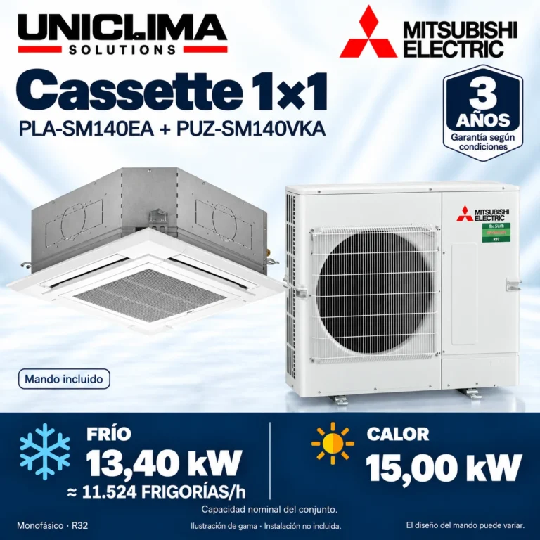 Cassette 1×1 Mitsubishi Electric PLA-SM140EA + PUZ-SM140VKA; conjunto e información técnica, ilustración de gama — Uniclima