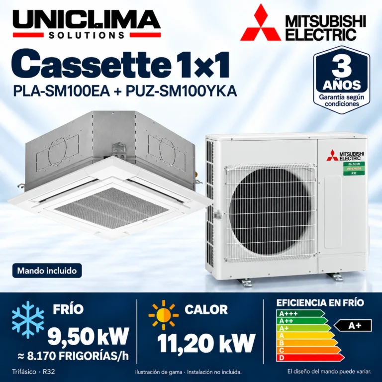 Cassette 1×1 Mitsubishi Electric PLA-SM100EA + PUZ-SM100YKA; conjunto e información técnica, ilustración de gama — Uniclima