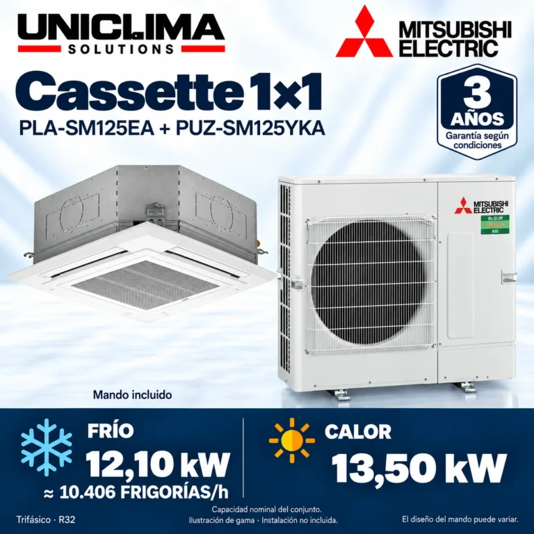 Cassette 1×1 Mitsubishi Electric PLA-SM125EA + PUZ-SM125YKA; conjunto e información técnica, ilustración de gama — Uniclima