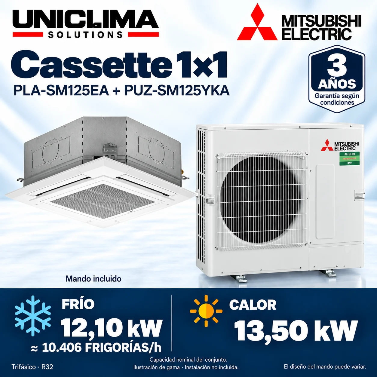 Mitsubishi Electric PLA-SM125EA + PUZ-SM125YKA cassette 1×1; technical information, range illustration — Uniclima
