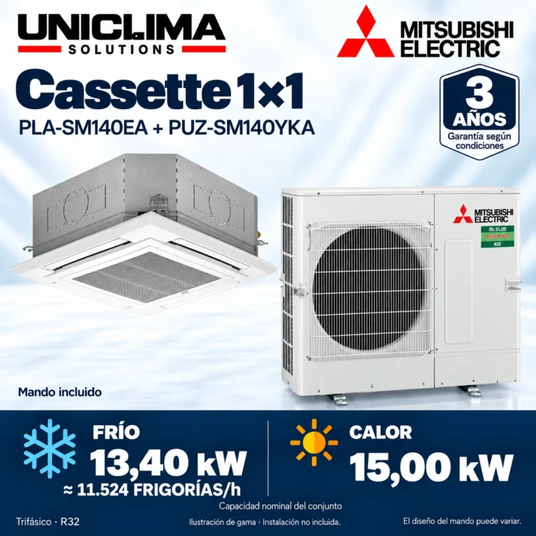 Cassette 1×1 Mitsubishi Electric PLA-SM140EA + PUZ-SM140YKA; conjunto e información técnica, ilustración de gama — Uniclima