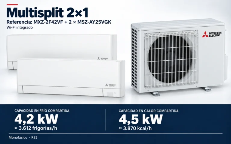 Representación ilustrativa Multisplit 2×1: MXZ-2F42VF + 2 × MSZ-AY25VGK. Capacidad en frío compartida: 4.2 kW, aproximadamente 3612 frigorías por hora. Capacidad en calor: 4.5 kW. Render basado en fotografías de referencia; originales en la galería, no a escala.