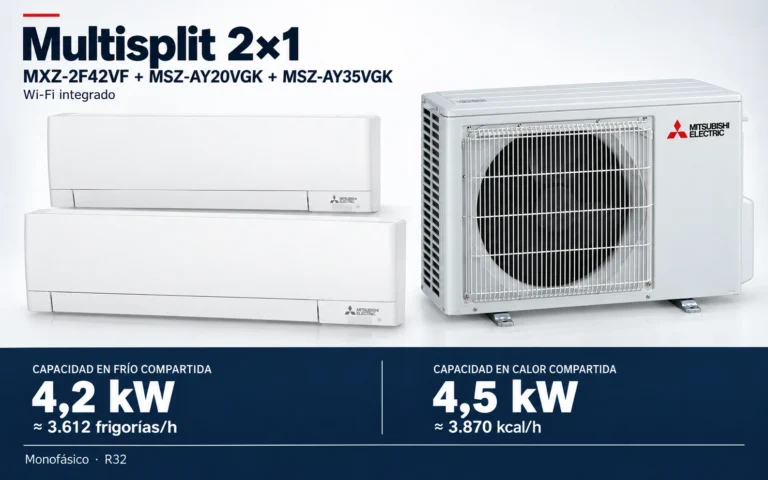 Representación ilustrativa Multisplit 2×1: MXZ-2F42VF + MSZ-AY20VGK + MSZ-AY35VGK. Capacidad en frío compartida: 4.2 kW, aproximadamente 3612 frigorías por hora. Capacidad en calor: 4.5 kW. Render basado en fotografías de referencia; originales en la galería, no a escala.