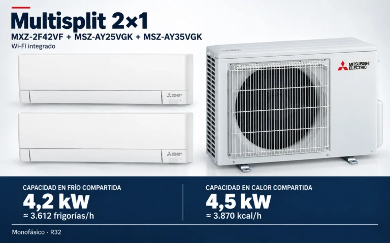 Representación ilustrativa Multisplit 2×1: MXZ-2F42VF + MSZ-AY25VGK + MSZ-AY35VGK. Capacidad en frío compartida: 4.2 kW, aproximadamente 3612 frigorías por hora. Capacidad en calor: 4.5 kW. Render basado en fotografías de referencia; originales en la galería, no a escala.