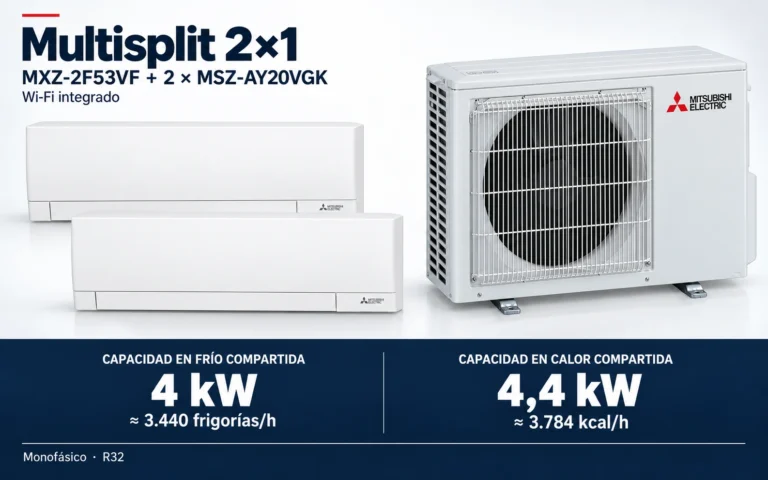 Representación ilustrativa Multisplit 2×1: MXZ-2F53VF + 2 × MSZ-AY20VGK. Capacidad en frío compartida: 4 kW, aproximadamente 3440 frigorías por hora. Capacidad en calor: 4.4 kW. Render basado en fotografías de referencia; originales en la galería, no a escala.
