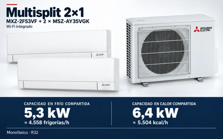 Representación ilustrativa Multisplit 2×1: MXZ-2F53VF + 2 × MSZ-AY35VGK. Capacidad en frío compartida: 5.3 kW, aproximadamente 4558 frigorías por hora. Capacidad en calor: 6.4 kW. Render basado en fotografías de referencia; originales en la galería, no a escala.