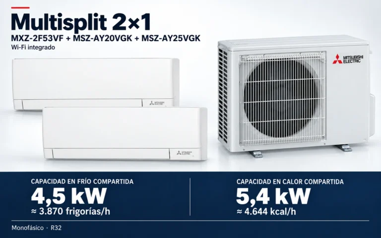 Representación ilustrativa Multisplit 2×1: MXZ-2F53VF + MSZ-AY20VGK + MSZ-AY25VGK. Capacidad en frío compartida: 4.5 kW, aproximadamente 3870 frigorías por hora. Capacidad en calor: 5.4 kW. Render basado en fotografías de referencia; originales en la galería, no a escala.