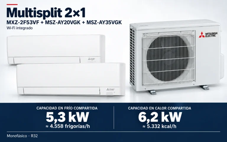 Representación ilustrativa Multisplit 2×1: MXZ-2F53VF + MSZ-AY20VGK + MSZ-AY35VGK. Capacidad en frío compartida: 5.3 kW, aproximadamente 4558 frigorías por hora. Capacidad en calor: 6.2 kW. Render basado en fotografías de referencia; originales en la galería, no a escala.