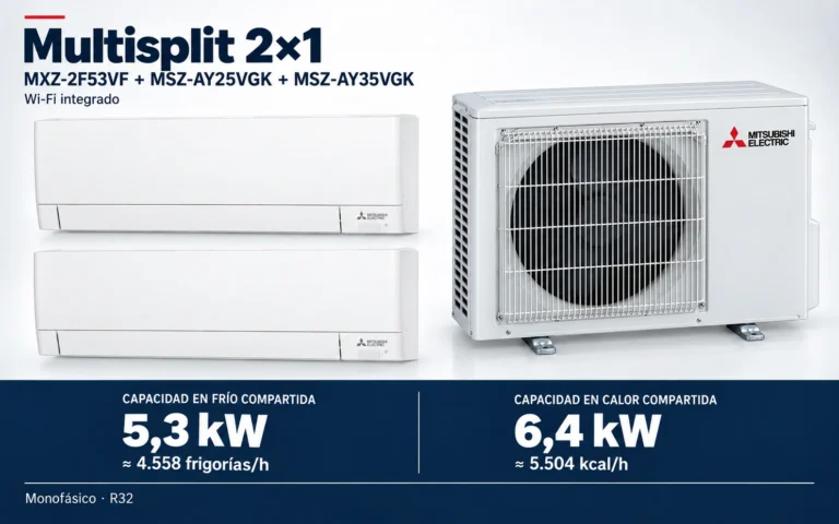 Representación ilustrativa Multisplit 2×1: MXZ-2F53VF + MSZ-AY25VGK + MSZ-AY35VGK. Capacidad en frío compartida: 5.3 kW, aproximadamente 4558 frigorías por hora. Capacidad en calor: 6.4 kW. Render basado en fotografías de referencia; originales en la galería, no a escala.