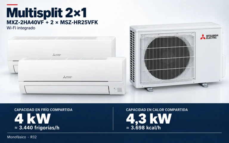 Representación ilustrativa Multisplit 2×1: MXZ-2HA40VF + 2 × MSZ-HR25VFK. Capacidad en frío compartida: 4 kW, aproximadamente 3440 frigorías por hora. Capacidad en calor: 4.3 kW. Render basado en fotografías de referencia; originales en la galería, no a escala.