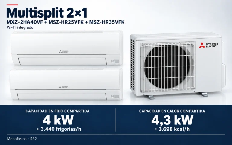 Representación ilustrativa Multisplit 2×1: MXZ-2HA40VF + MSZ-HR25VFK + MSZ-HR35VFK. Capacidad en frío compartida: 4 kW, aproximadamente 3440 frigorías por hora. Capacidad en calor: 4.3 kW. Render basado en fotografías de referencia; originales en la galería, no a escala.