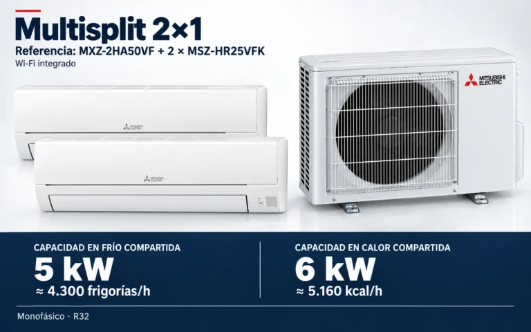 Representación ilustrativa Multisplit 2×1: MXZ-2HA50VF + 2 × MSZ-HR25VFK. Capacidad en frío compartida: 5 kW, aproximadamente 4300 frigorías por hora. Capacidad en calor: 6 kW. Render basado en fotografías de referencia; originales en la galería, no a escala.