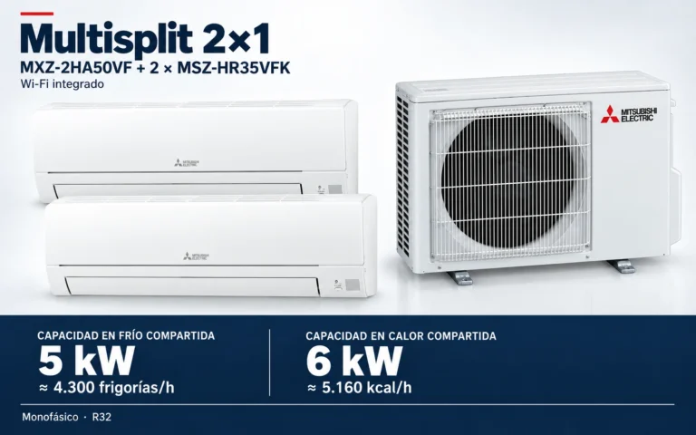Representación ilustrativa Multisplit 2×1: MXZ-2HA50VF + 2 × MSZ-HR35VFK. Capacidad en frío compartida: 5 kW, aproximadamente 4300 frigorías por hora. Capacidad en calor: 6 kW. Render basado en fotografías de referencia; originales en la galería, no a escala.