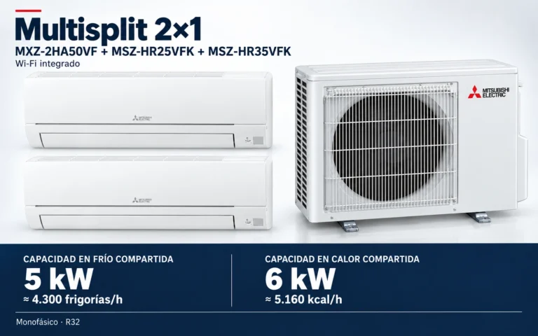 Representación ilustrativa Multisplit 2×1: MXZ-2HA50VF + MSZ-HR25VFK + MSZ-HR35VFK. Capacidad en frío compartida: 5 kW, aproximadamente 4300 frigorías por hora. Capacidad en calor: 6 kW. Render basado en fotografías de referencia; originales en la galería, no a escala.