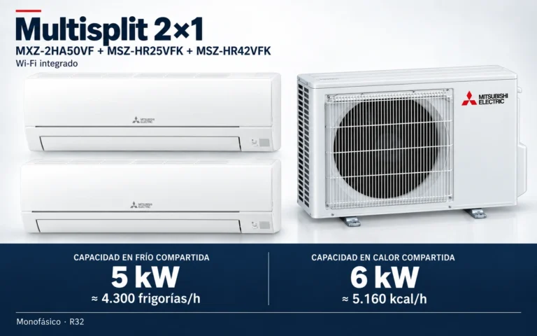 Representación ilustrativa Multisplit 2×1: MXZ-2HA50VF + MSZ-HR25VFK + MSZ-HR42VFK. Capacidad en frío compartida: 5 kW, aproximadamente 4300 frigorías por hora. Capacidad en calor: 6 kW. Render basado en fotografías de referencia; originales en la galería, no a escala.