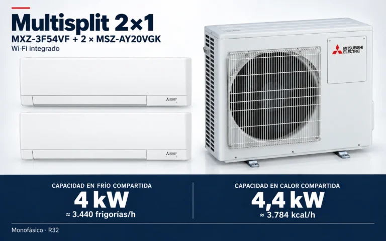 Representación ilustrativa Multisplit 2×1: MXZ-3F54VF + 2 × MSZ-AY20VGK. Capacidad en frío compartida: 4 kW, aproximadamente 3440 frigorías por hora. Capacidad en calor: 4.4 kW. Render basado en fotografías de referencia; originales en la galería, no a escala.