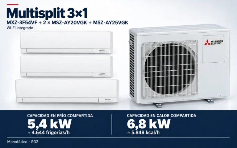 Representación ilustrativa Multisplit 3×1: MXZ-3F54VF + 2 × MSZ-AY20VGK + MSZ-AY25VGK. Capacidad en frío compartida: 5.4 kW, aproximadamente 4644 frigorías por hora. Capacidad en calor: 6.8 kW. Render basado en fotografías de referencia; originales en la galería, no a escala.