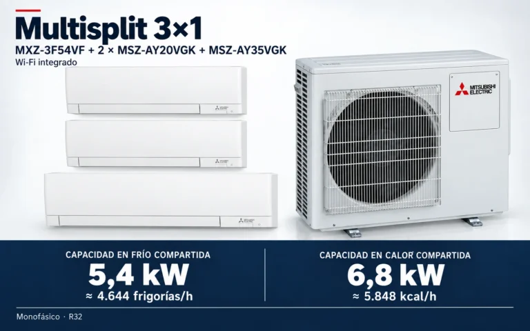 Representación ilustrativa Multisplit 3×1: MXZ-3F54VF + 2 × MSZ-AY20VGK + MSZ-AY35VGK. Capacidad en frío compartida: 5.4 kW, aproximadamente 4644 frigorías por hora. Capacidad en calor: 6.8 kW. Render basado en fotografías de referencia; originales en la galería, no a escala.