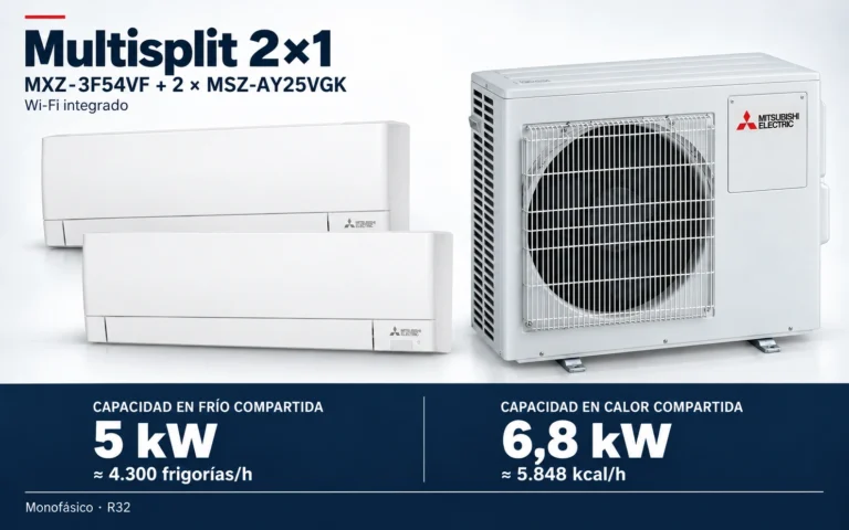 Representación ilustrativa Multisplit 2×1: MXZ-3F54VF + 2 × MSZ-AY25VGK. Capacidad en frío compartida: 5 kW, aproximadamente 4300 frigorías por hora. Capacidad en calor: 6.8 kW. Render basado en fotografías de referencia; originales en la galería, no a escala.
