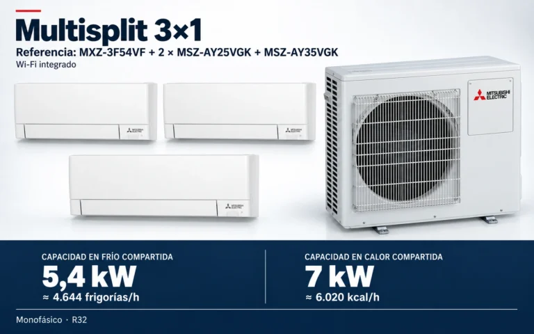 Representación ilustrativa Multisplit 3×1: MXZ-3F54VF + 2 × MSZ-AY25VGK + MSZ-AY35VGK. Capacidad en frío compartida: 5.4 kW, aproximadamente 4644 frigorías por hora. Capacidad en calor: 7 kW. Render basado en fotografías de referencia; originales en la galería, no a escala.